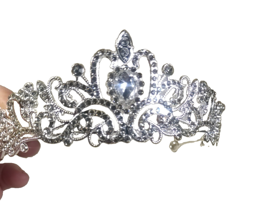 Crown Tiara Head Piece Silver Tone Clear Rhinestone Elegant Wedding Cosplay